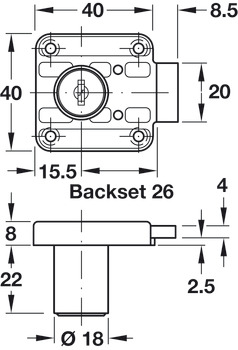 Rim Lock with Ø 18 mm Cylinder, Drawer Version