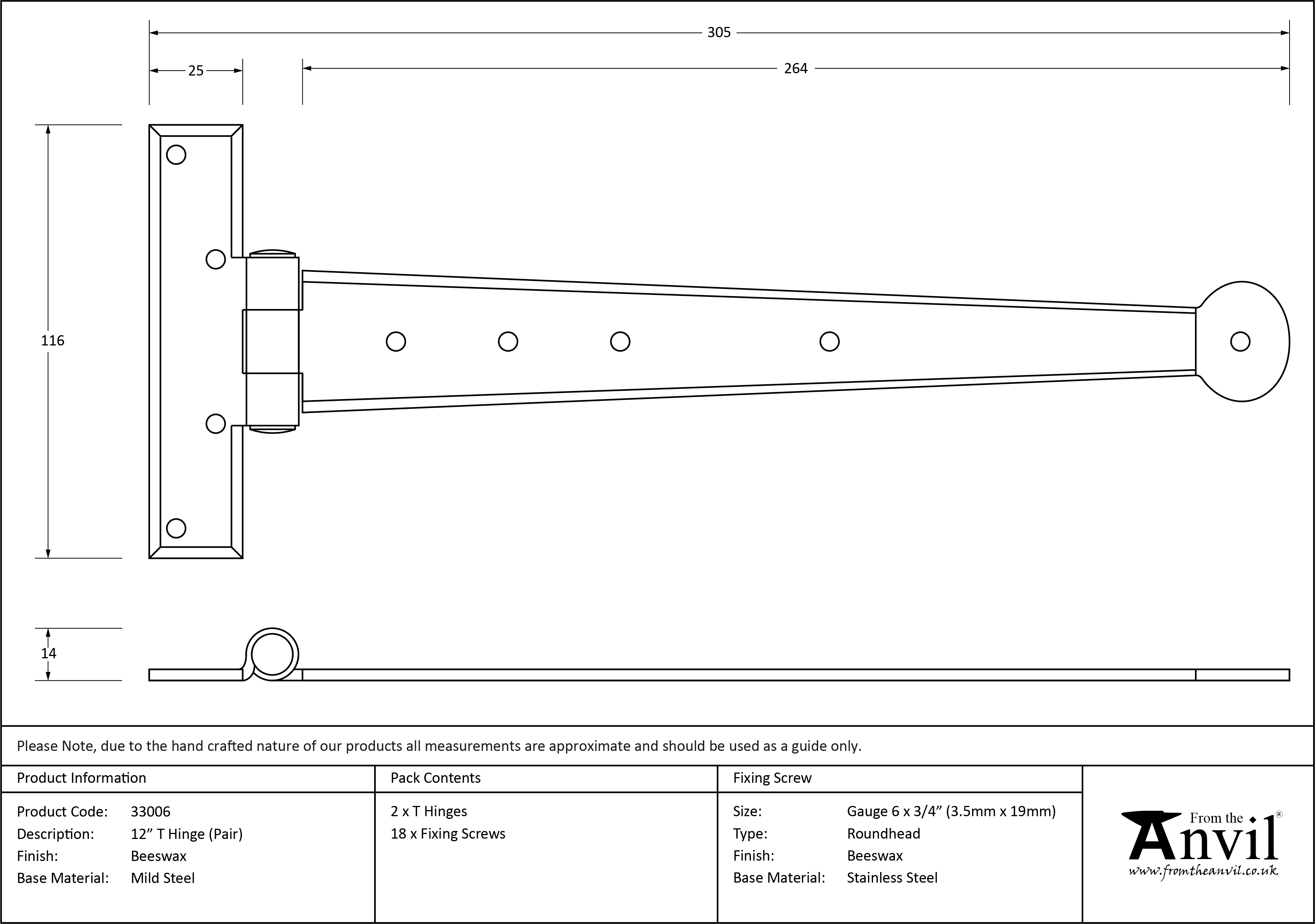 Penny End T Hinge - 12"- Pair