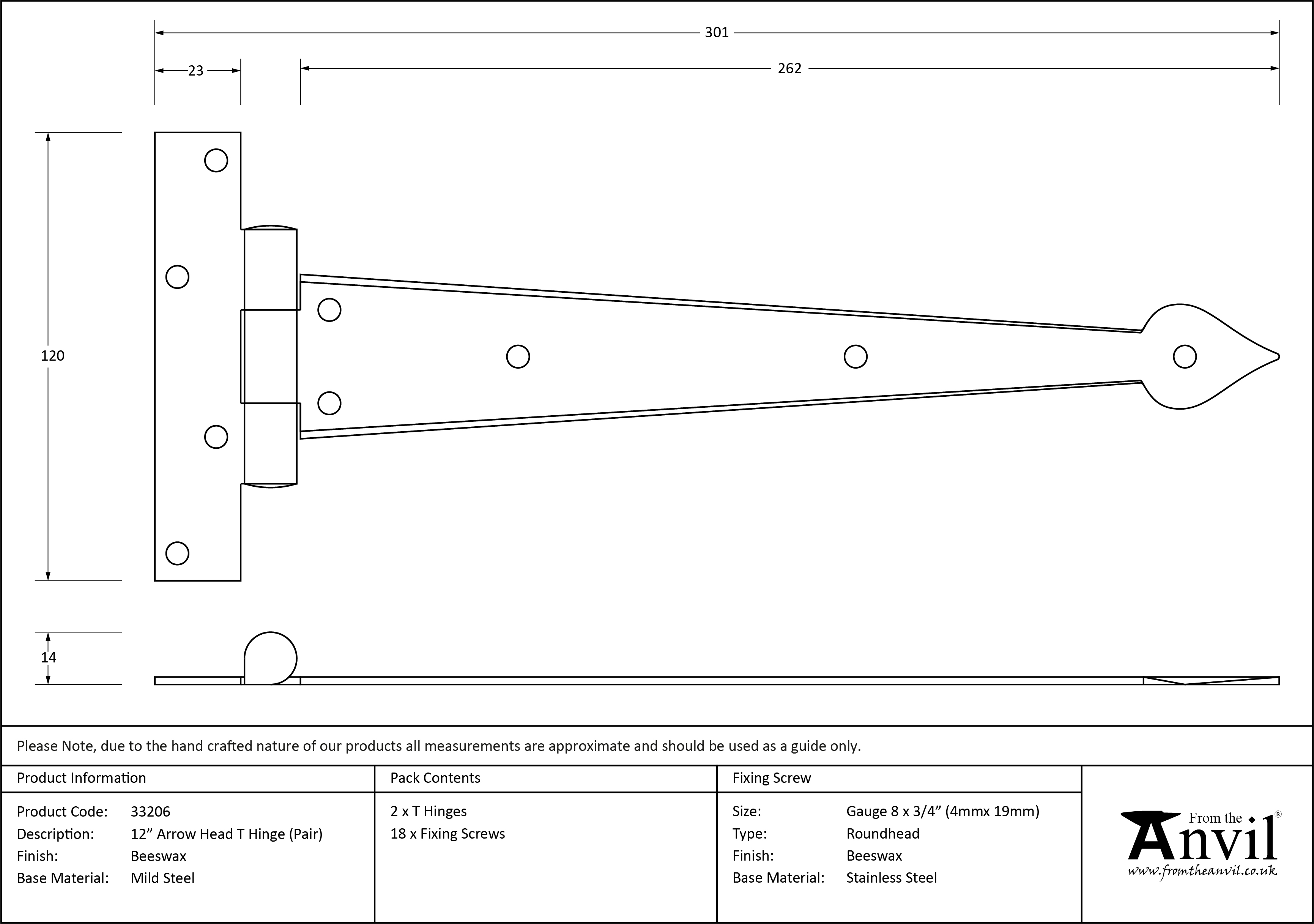 Arrow Head T Hinge - 12"- Pair