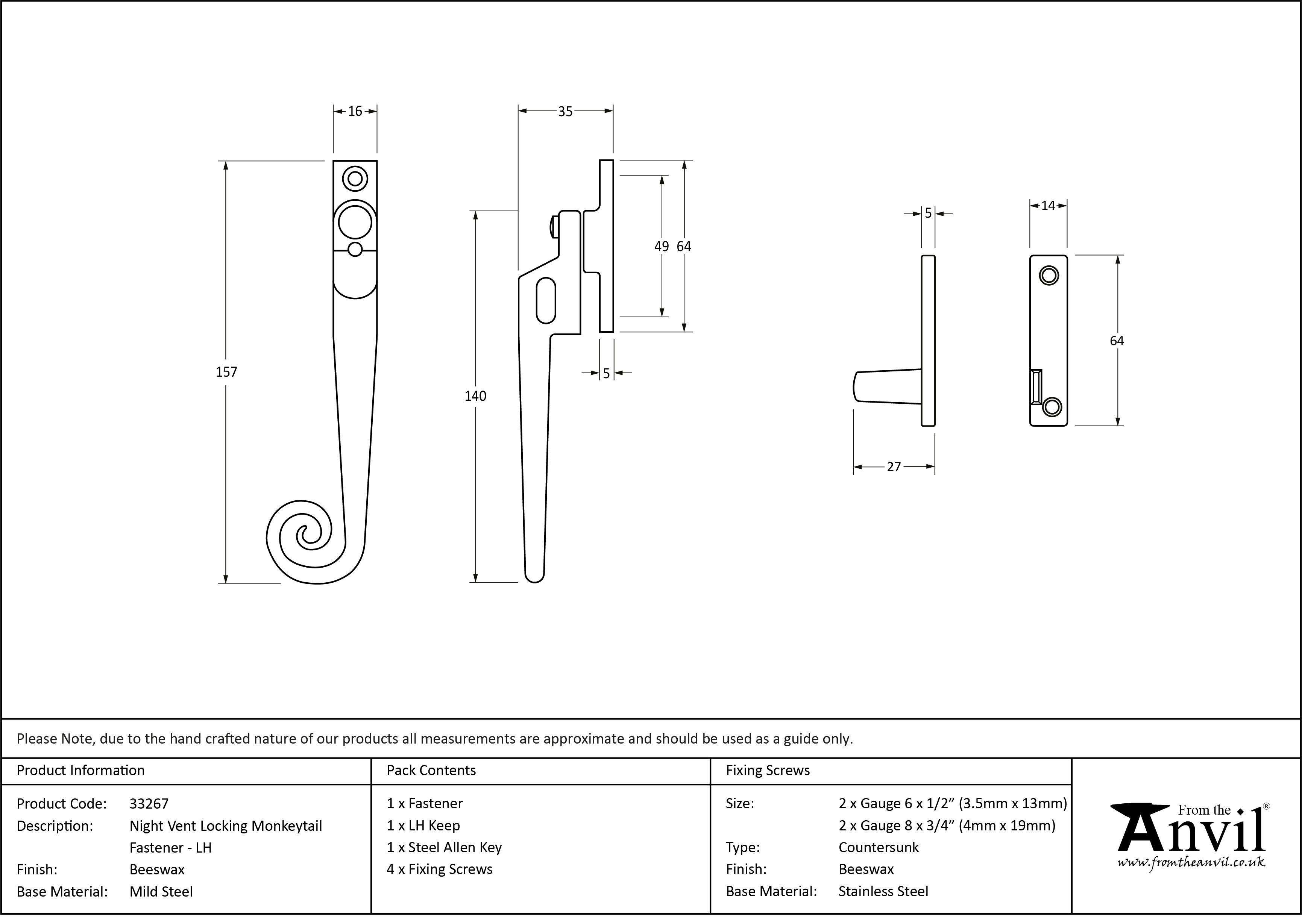 Locking Night-vent Monkeytail Fastener - Left Hand