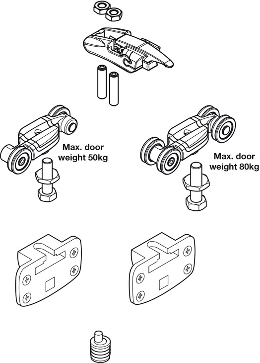 Fitting Set, for 1 Door, for Sliding Wardrobe Doors, Häfele System 9
