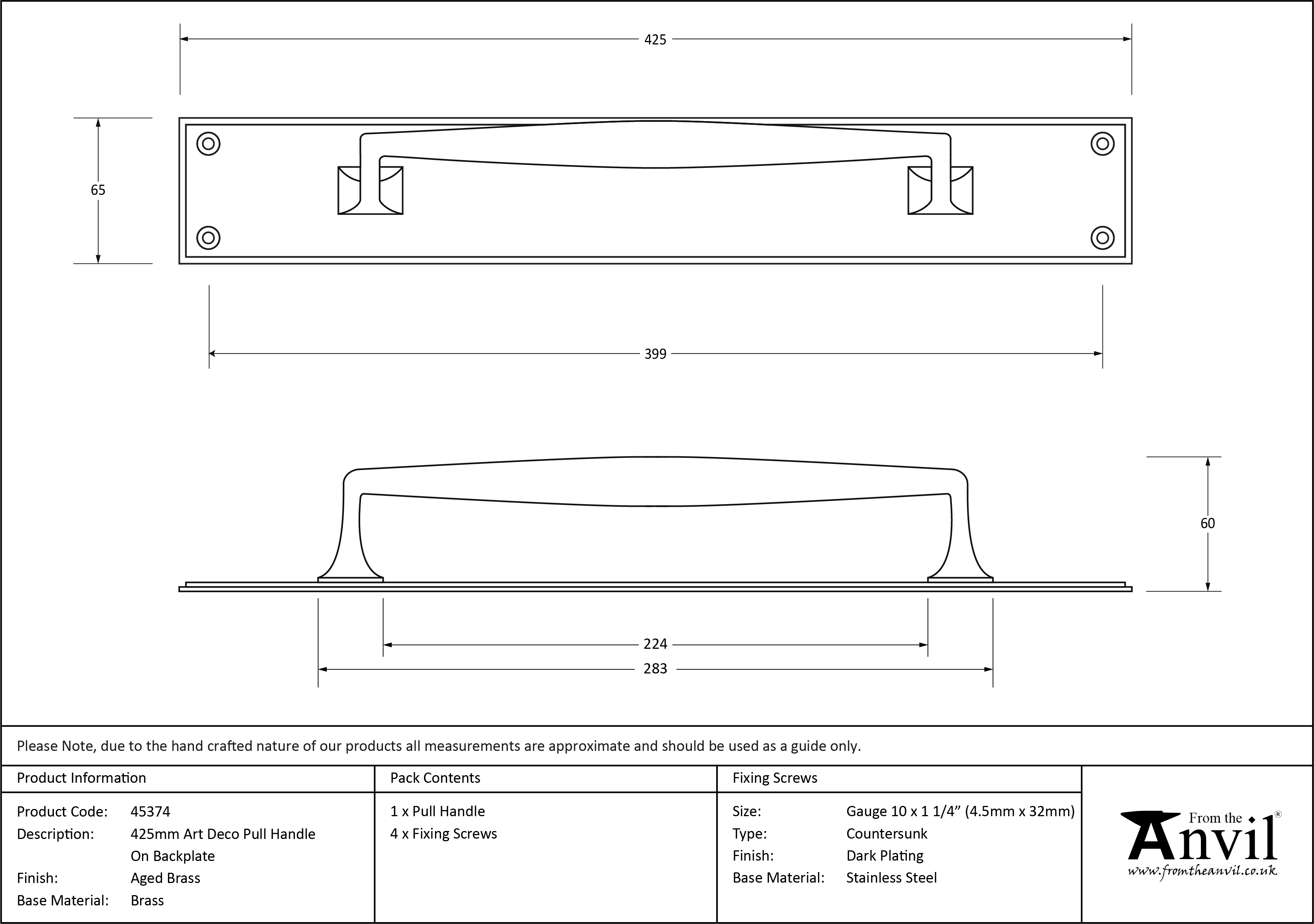 425mm Art Deco Pull Handle on Backplate