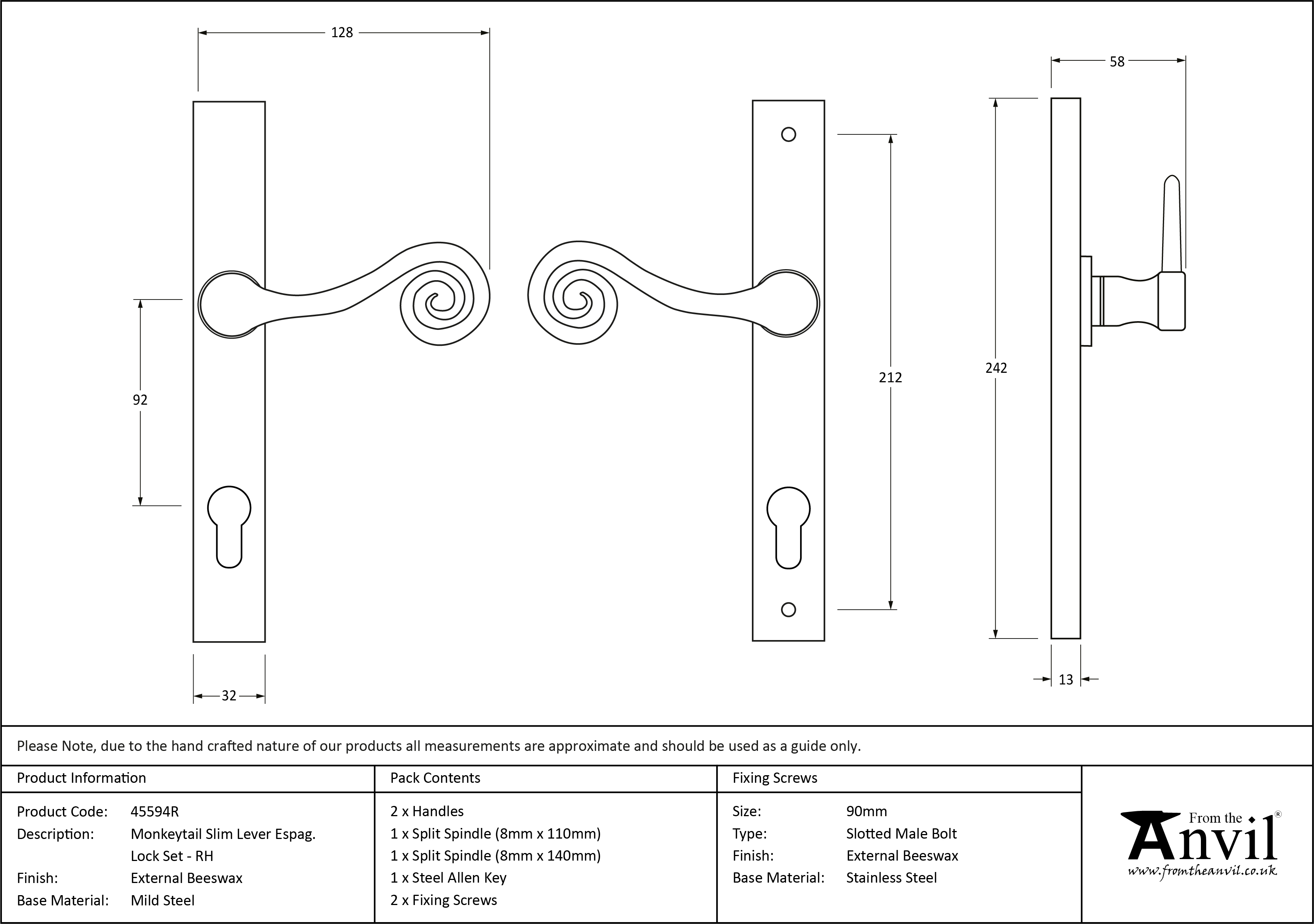 External Monkeytail Slim. Lever Espag. Lock Set - RH