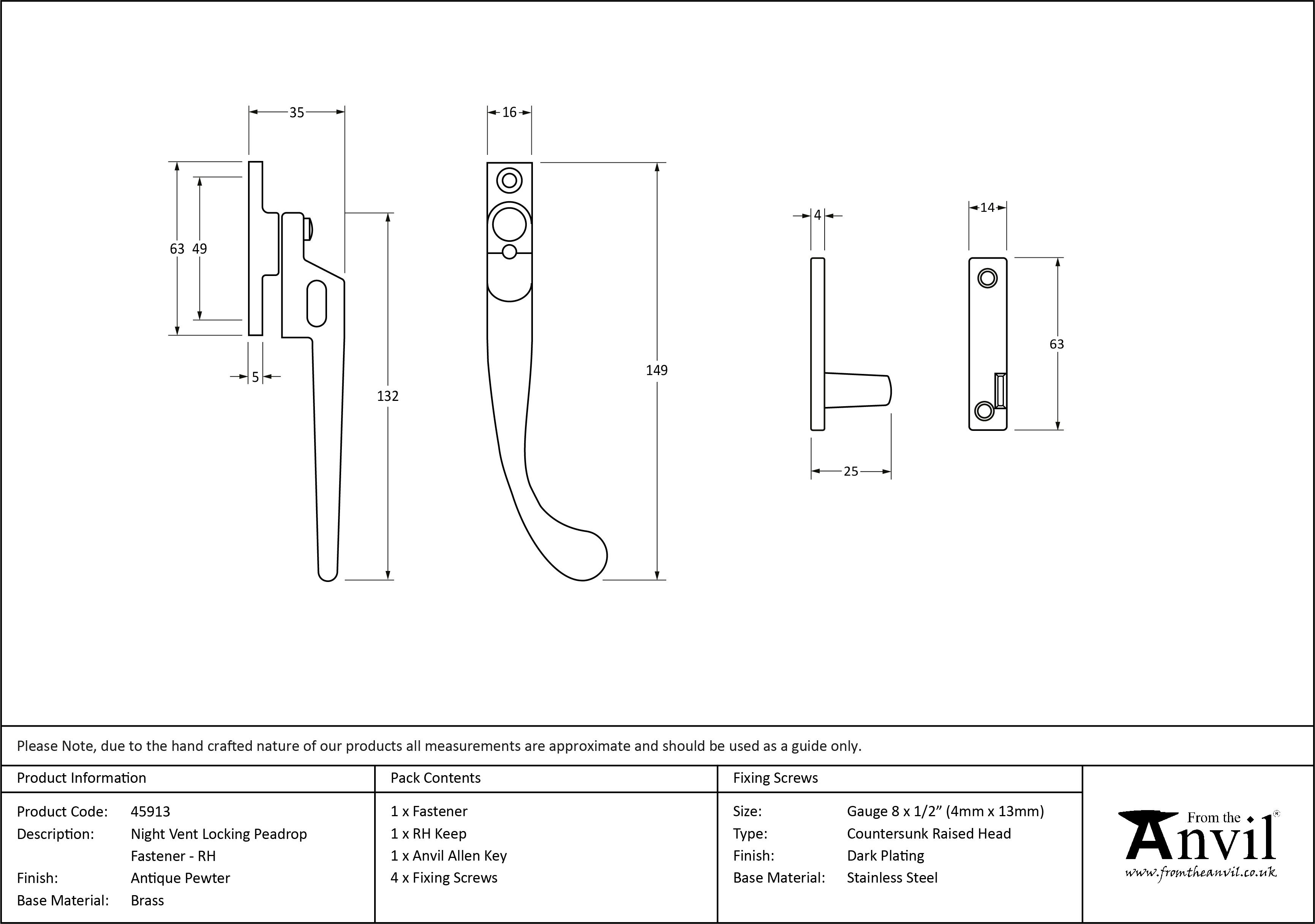 Night-Vent Locking Peardrop Fastener - Right Hand