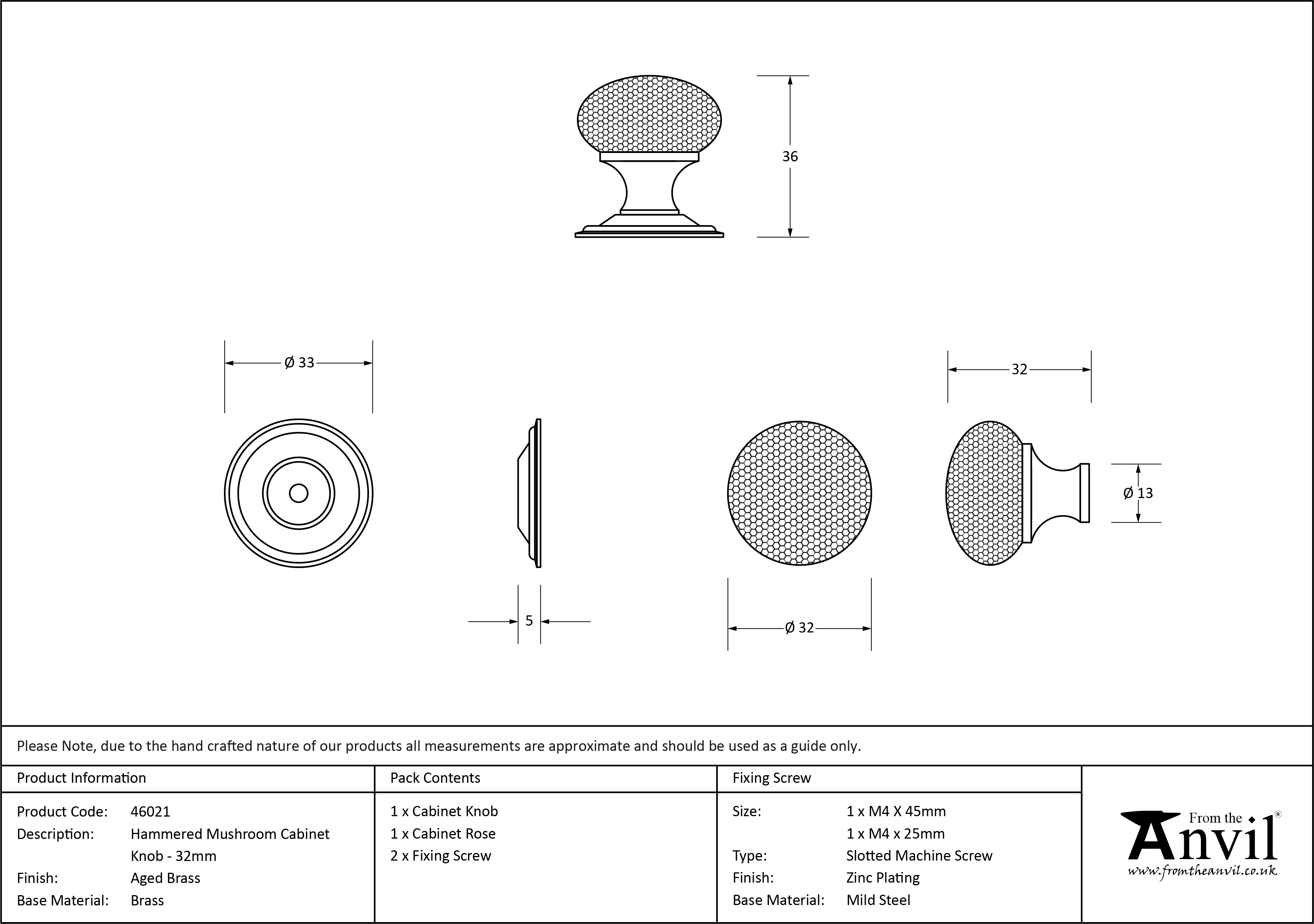 Mushroom Cabinet Knob - 32mm