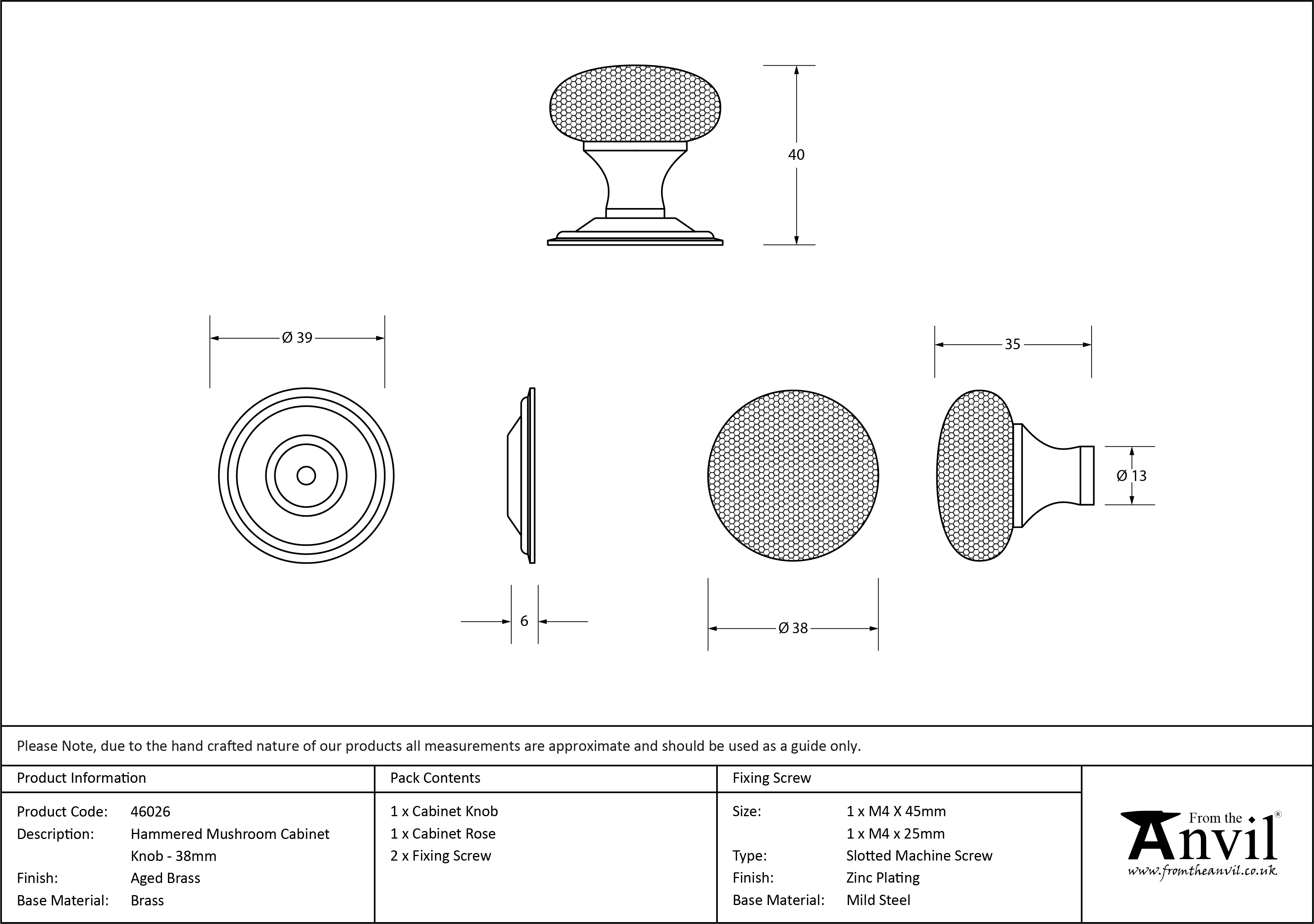 Mushroom Cabinet Knob - 38mm