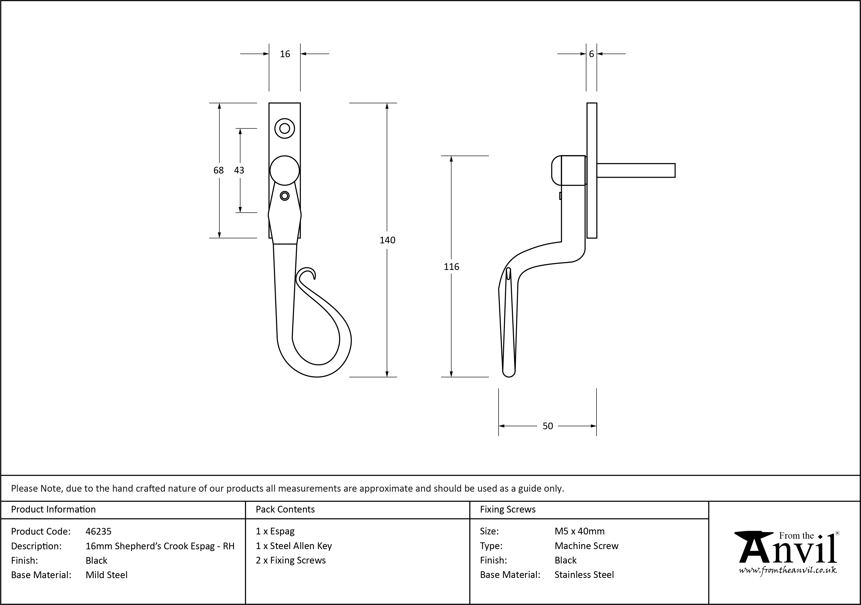 Shepherd's Crook Espag - 16mm - Right Hand