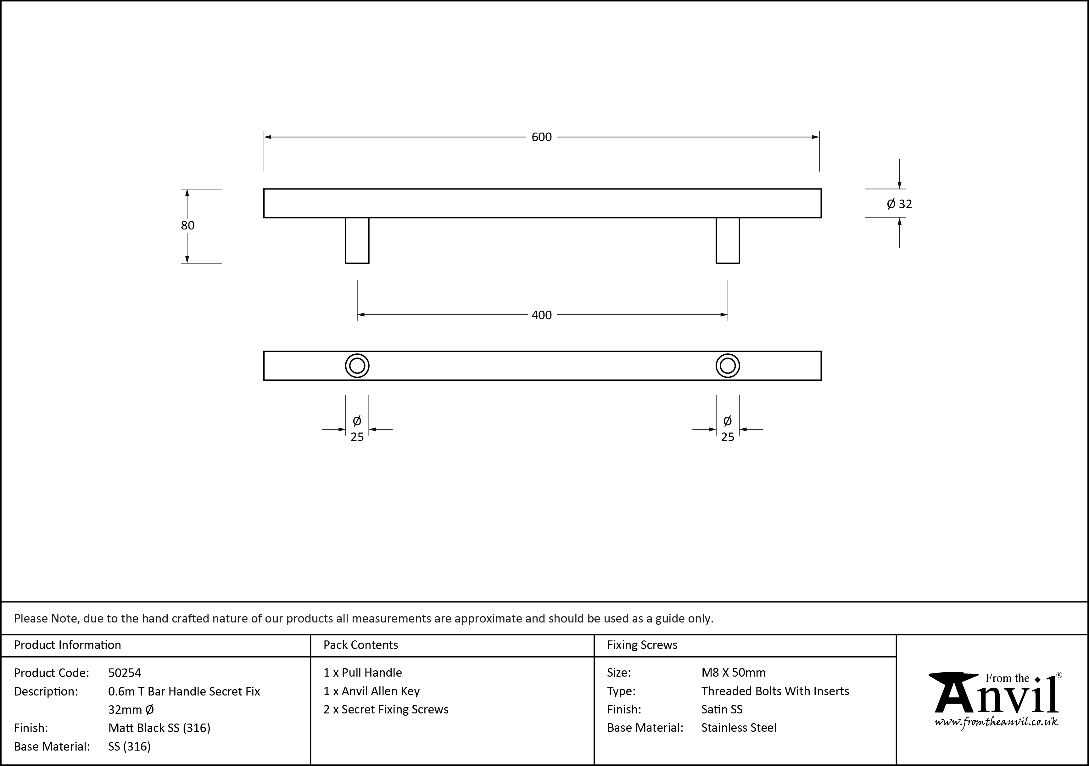 T Bar Handle Secret Fix - 0.6m - 32mm Ø