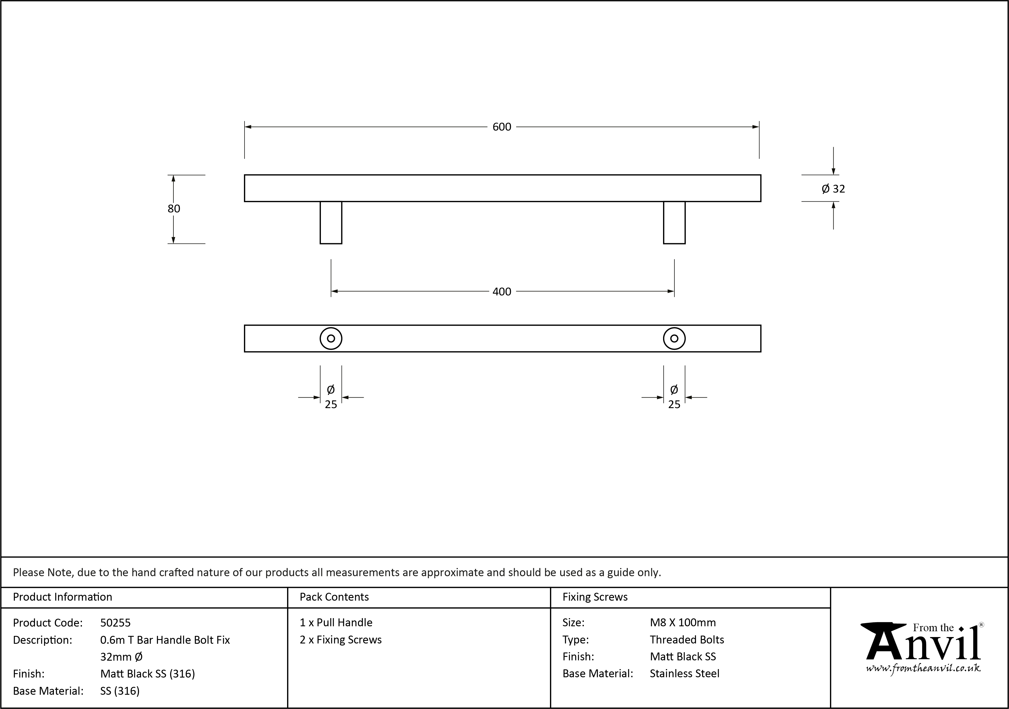 T Bar Handle Bolt Fix - 0.6m - 32mm Ø