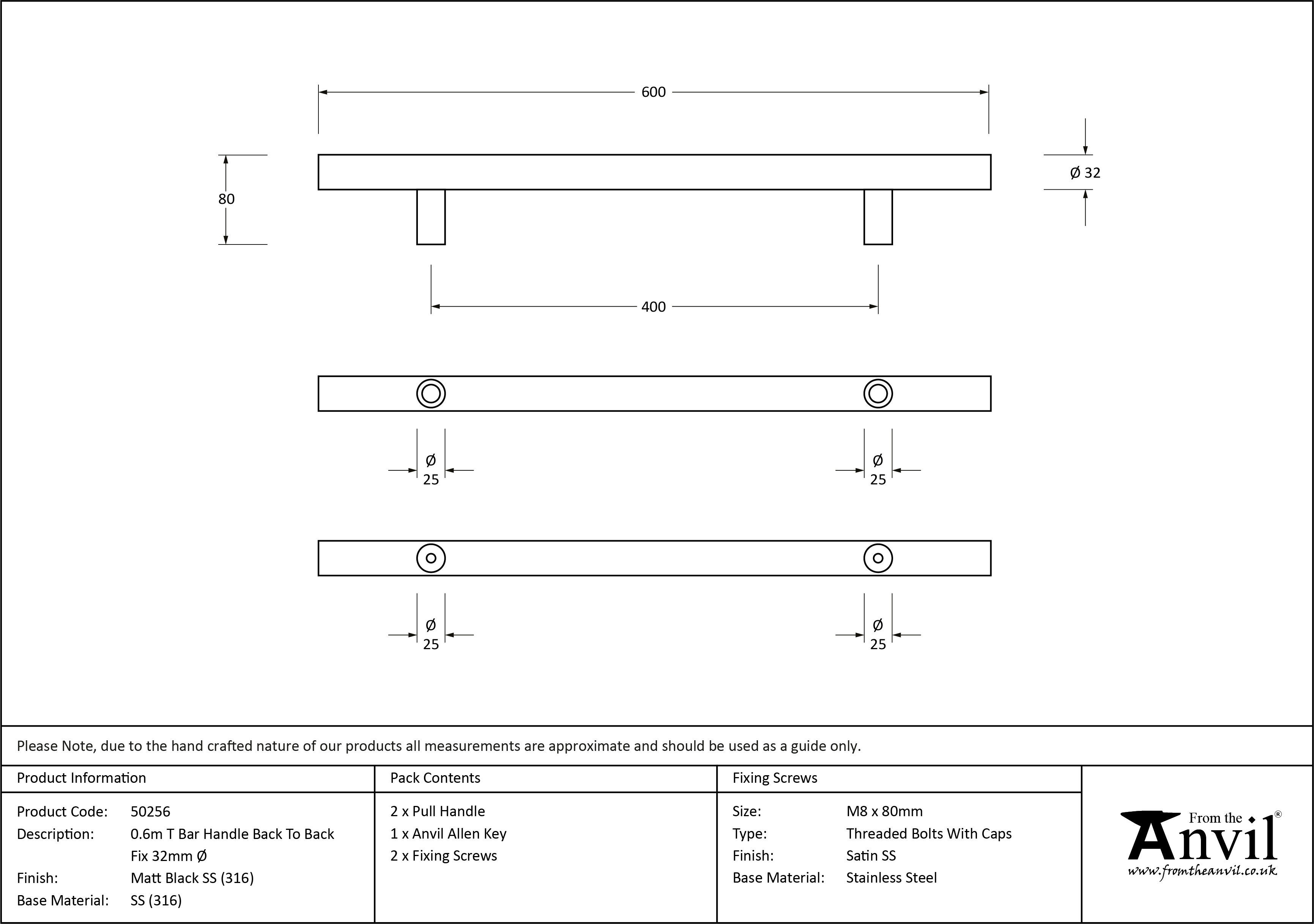 T Bar Handle Back-to-back Fix - 0.6m - 32mm Ø