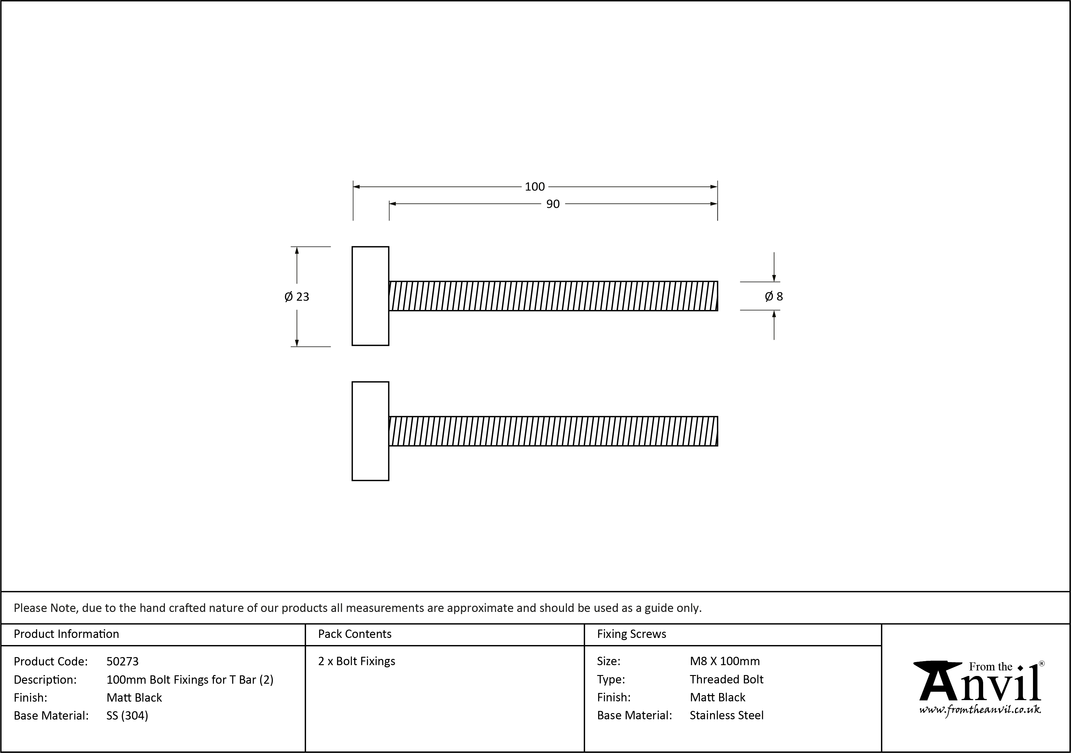 Bolt Fixings for T Bar - 100mm- Pair