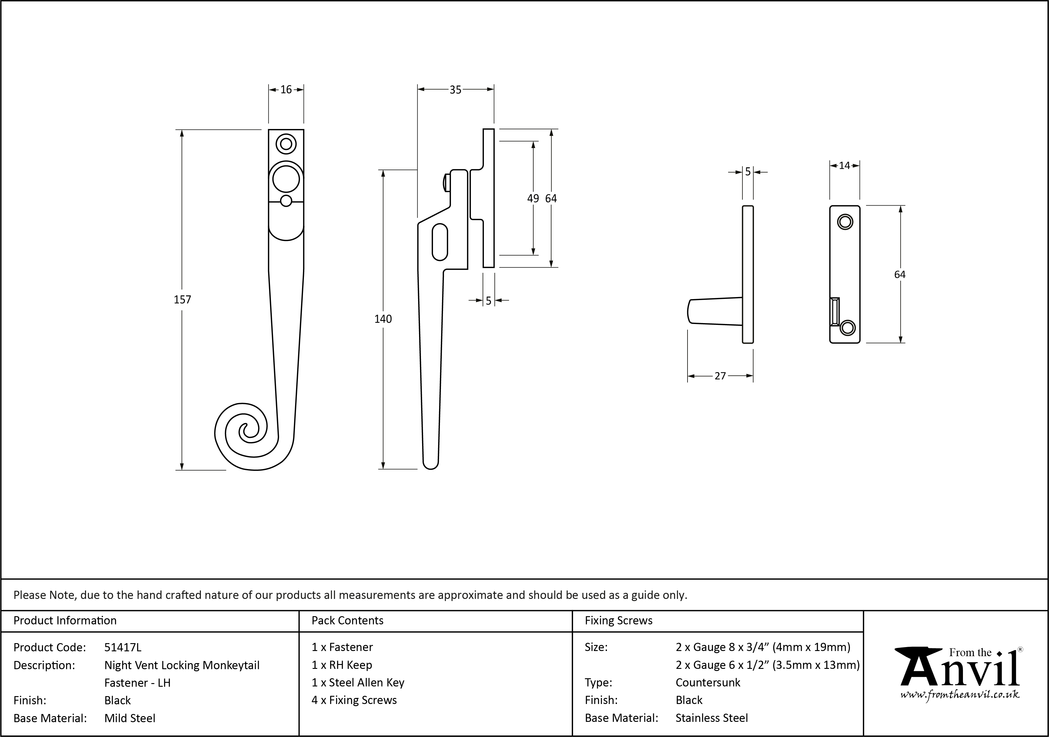 Locking Night-Vent Monkeytail Fastener - Left Hand