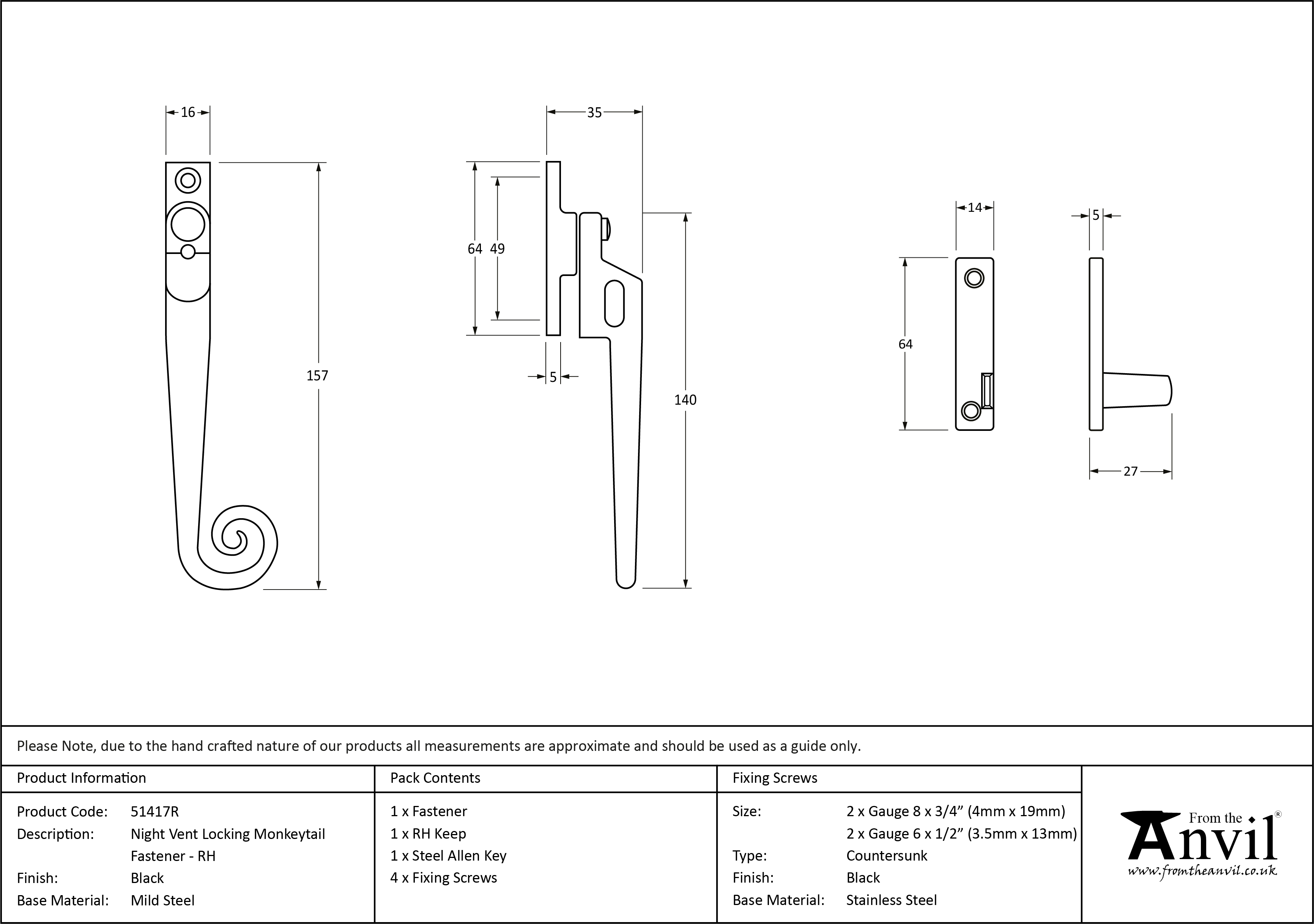 Locking Night-Vent Monkeytail Fastener - Right Hand - SWS Hardware