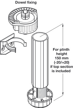 Adjustable Plinth Foot, Set, for Plinth Height 100 mm, Dowel Fixing