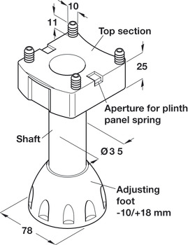 Adjustable Plinth Foot - Plastic - Installation Height 140-168 mm - Screw Fixing