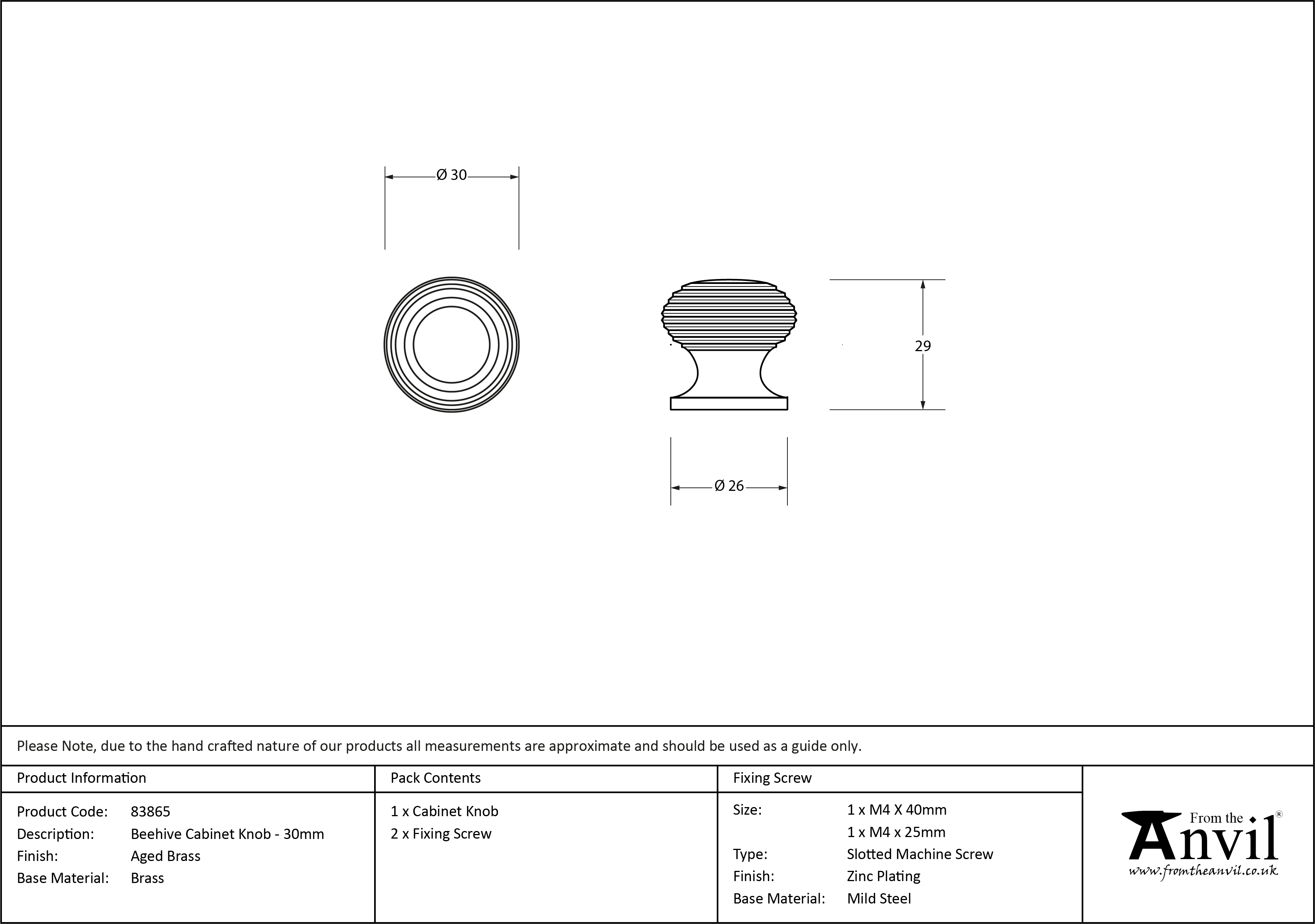 Beehive Cabinet Knob - 30mm