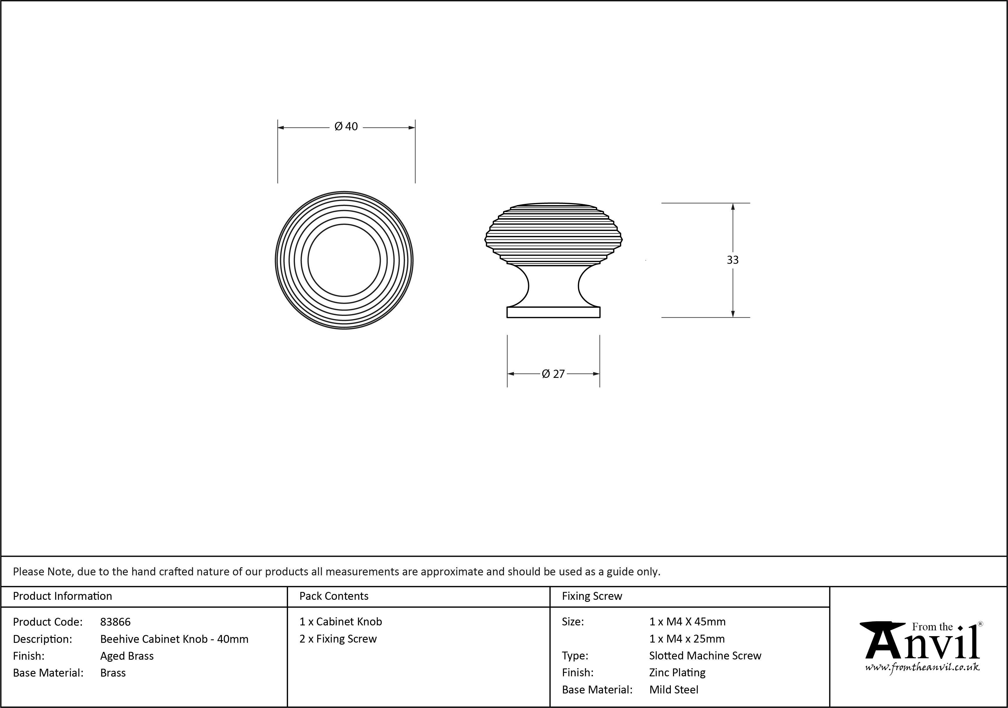 Beehive Cabinet Knob - 40mm