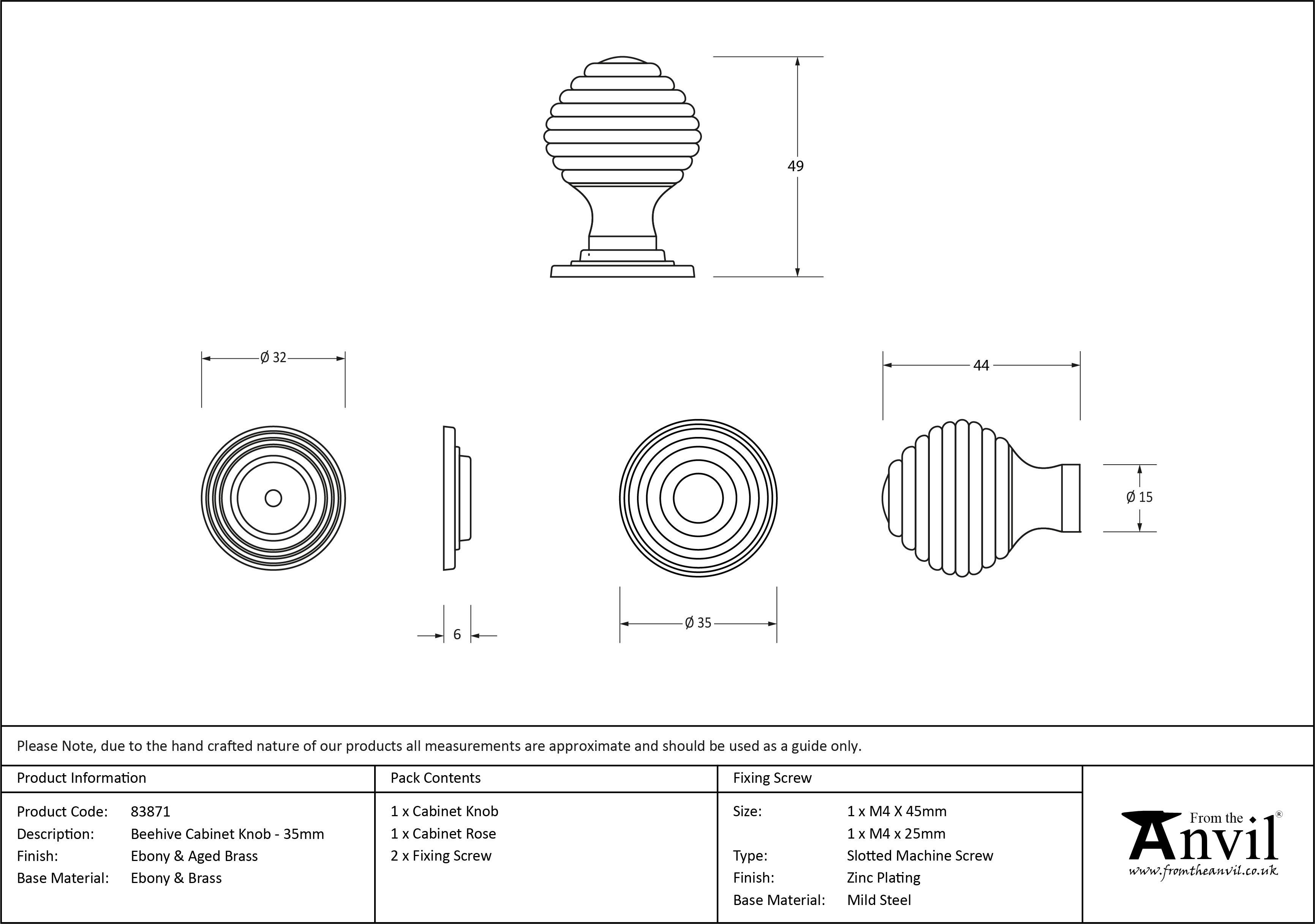 Beehive Cabinet Knob - 35mm
