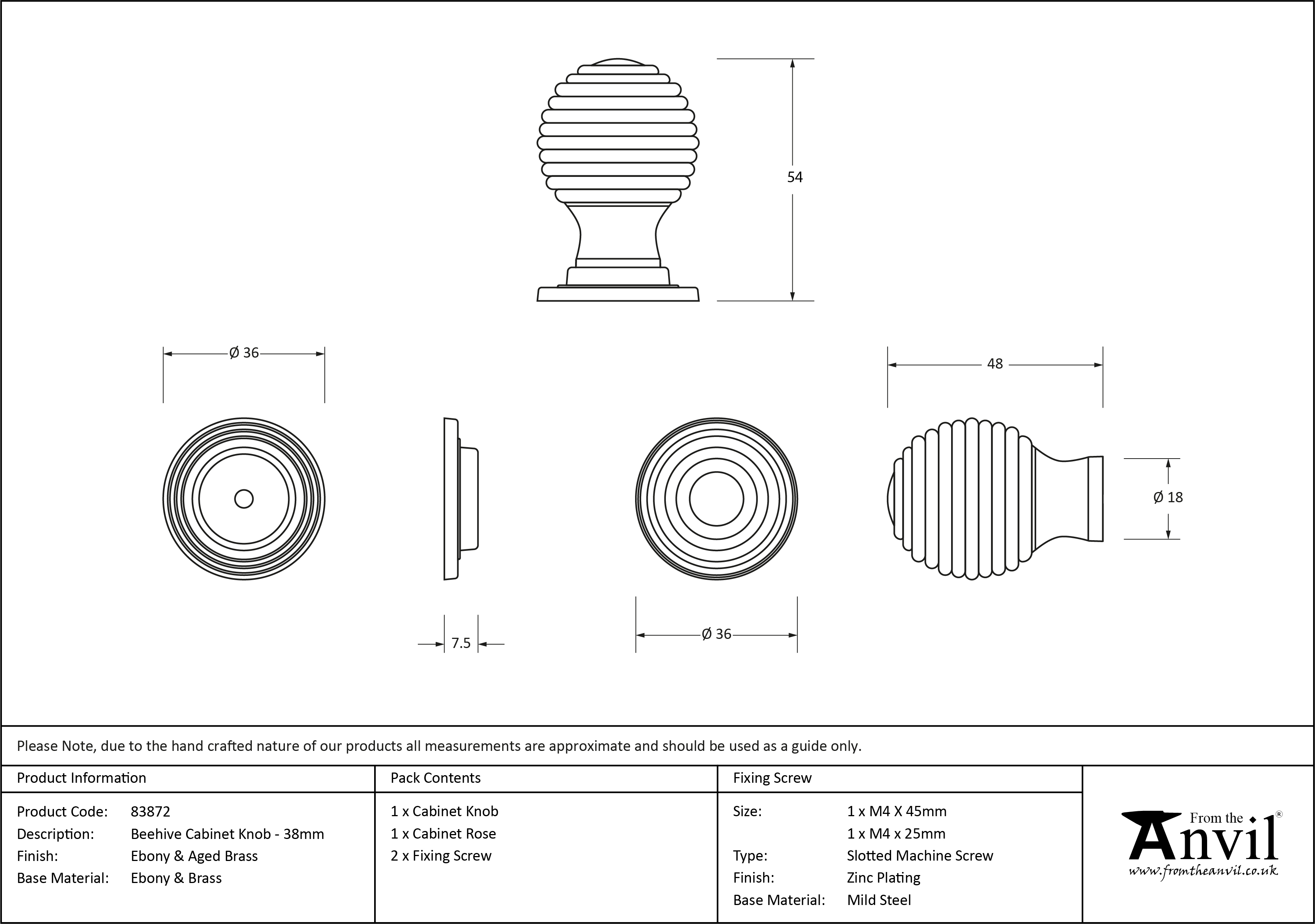 Beehive Cabinet Knob - 38mm