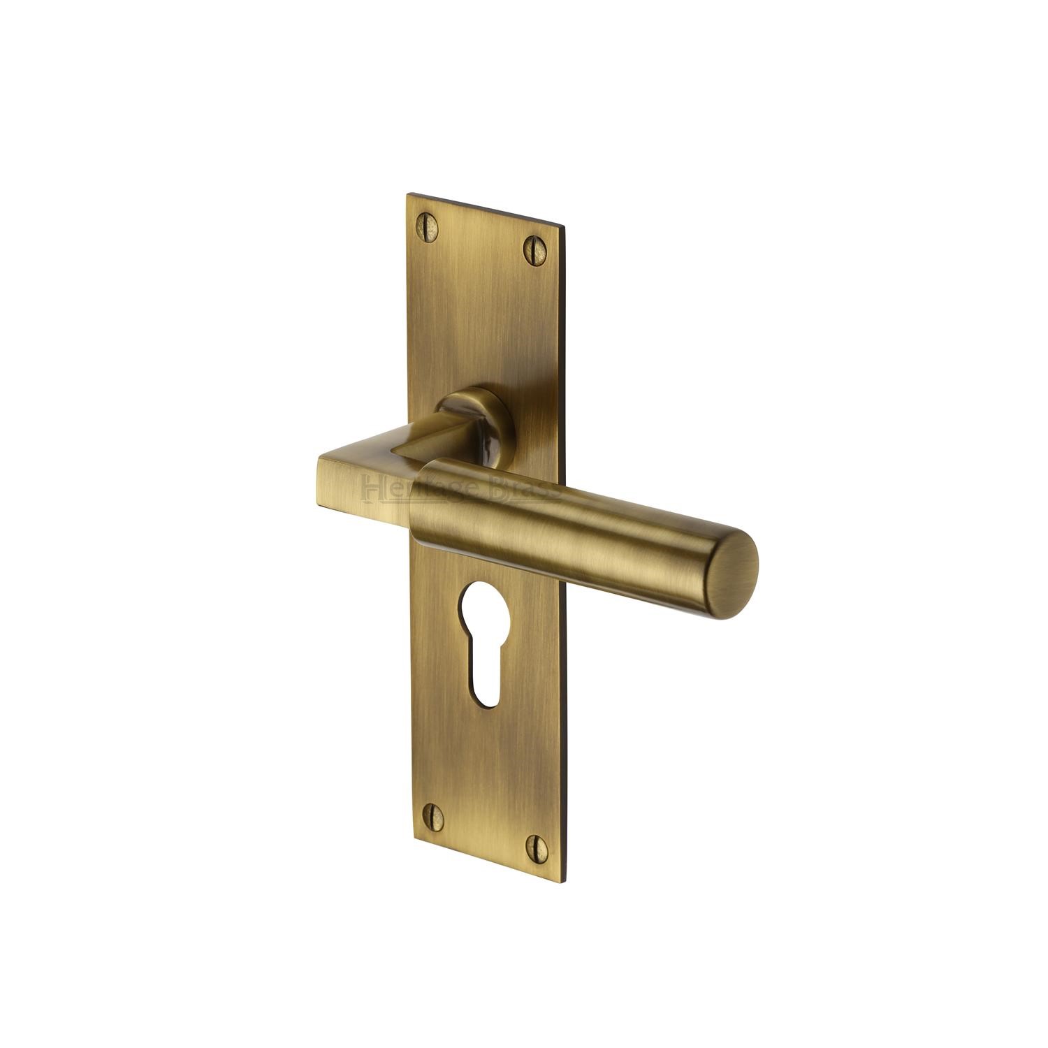 Heritage Brass Door Handle for Euro Profile Plate Bauhaus Design