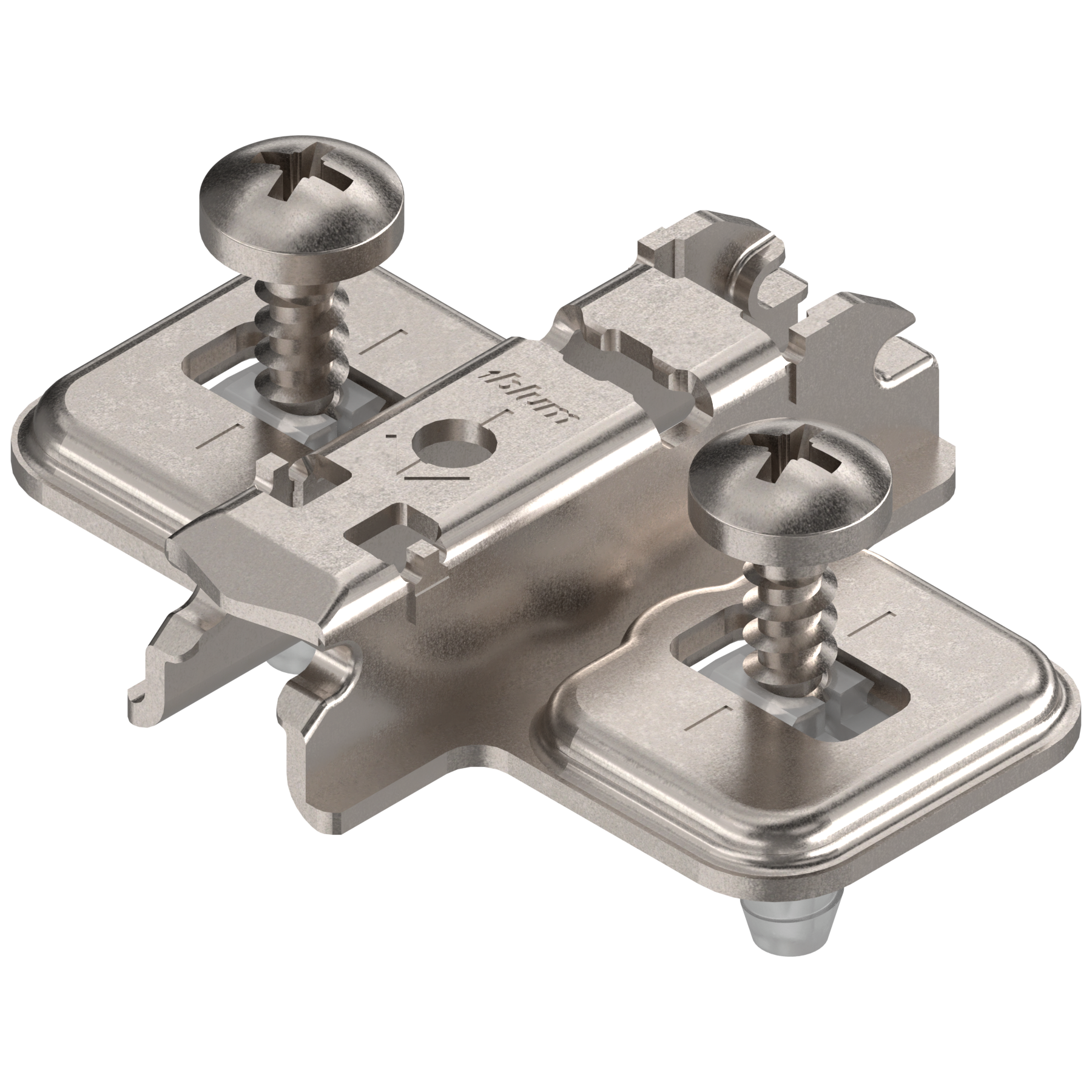 Blum Clip Top Mounting Plate - Cruciform Cam Adjustable with Split Expando Dowels - Nickel