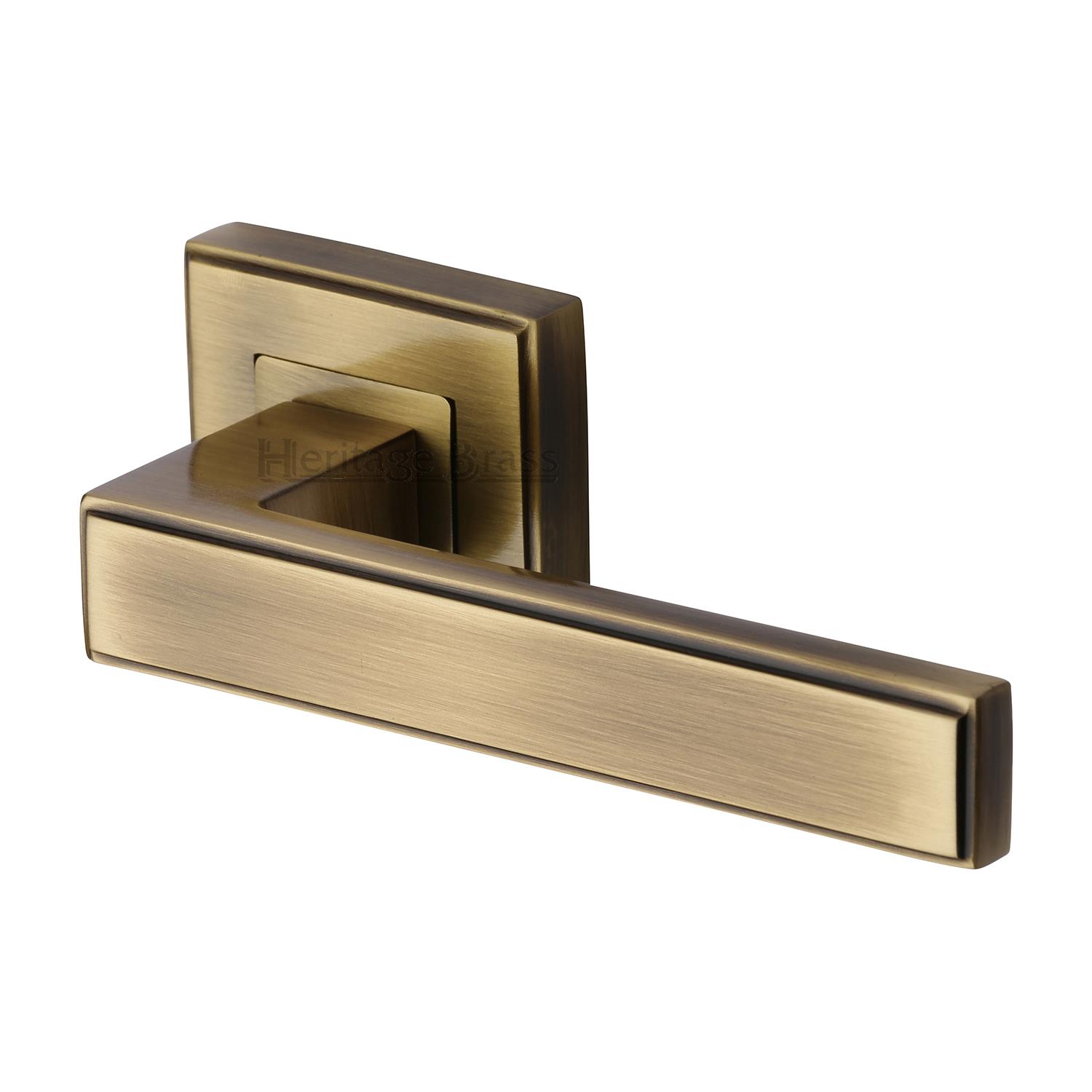 Heritage Brass Door Handle Lever Latch on Square Rose Linear SQ Design