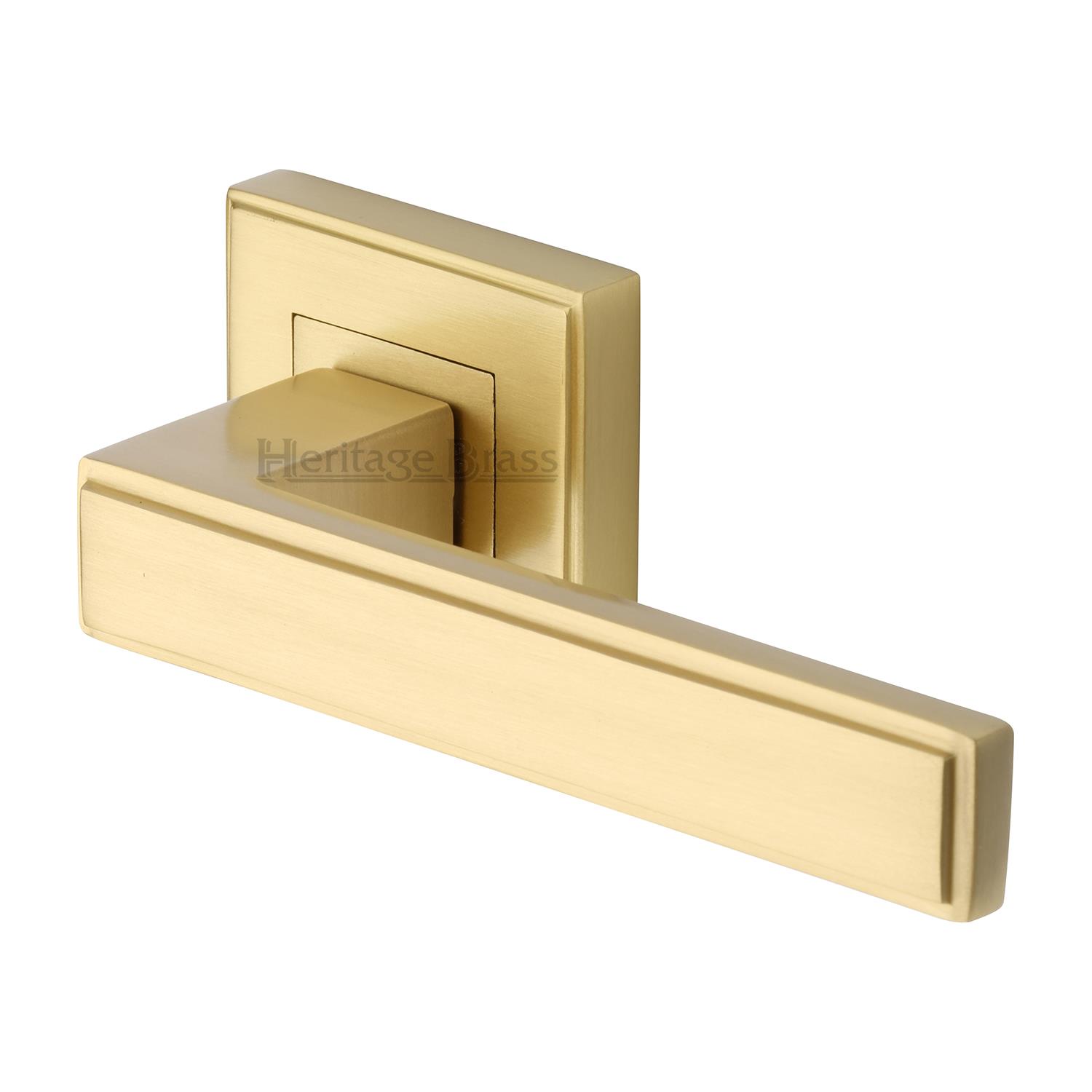 Heritage Brass Door Handle Lever Latch on Square Rose Linear SQ Design