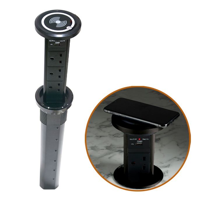 P-PowerPort Motorised Pop-Up - 3 X Power Sockets (1 X USB Sockets - 1 X  C type Socket - Integral QI Charger In Lid) - Black