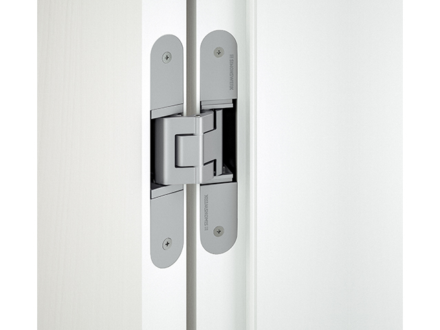 Tectus hinges are completely concealed within the door and frame. Concealed hinge.