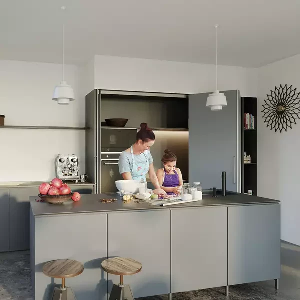 Hawa pocket door in slate grey. Kitchen pocket door, sliding door, folding door design.